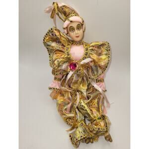 Collectible Porcelain Harlequin Jester Doll Show Stoppers Pink and Gold